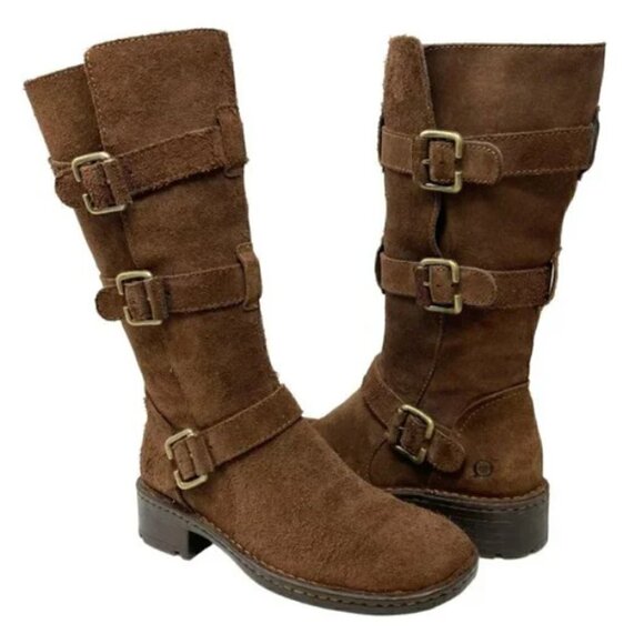 Born Tessa Brown Suede Tipple buckle Straps Moto Boots - Size 6 - Picture 1 of 10